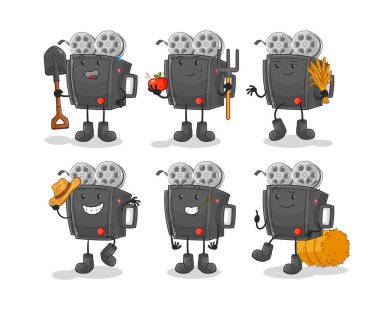 Film kamerası çiftçisi grup karakteri. karikatür maskotu vektosu