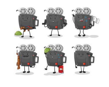 Film kamerası askeri karakteri. karikatür maskotu vektosu