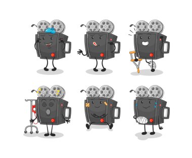 Film kamerası hasta grup karakteri. karikatür maskotu vektosu