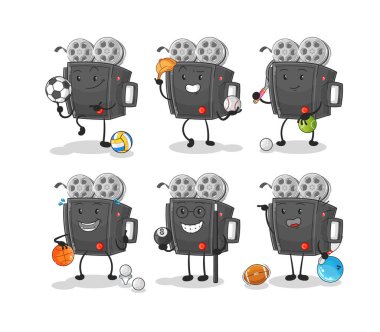 Film kamerası sporu set karakteri. karikatür maskotu vektosu