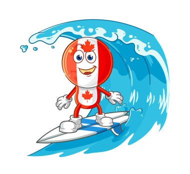 Kanada bayraklı sörf karakteri. karikatür maskotu vektosu