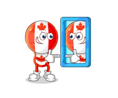 Kanada bayrağının başı ayna karikatürüne bakıyor. karikatür maskotu vektosu