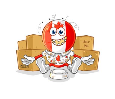 Kanada bayraklı evsiz adam. karikatür maskotu vektosu