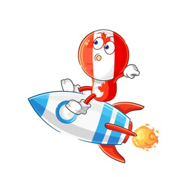 Kanada bayrağı bir roket çizgi film maskotu vektosu sürüyor.