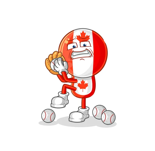 Карикатура Голову Бейсбольного Питчера Канадского Флага Мультипликационный Талисман — стоковый вектор