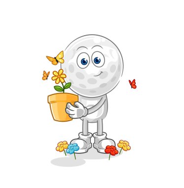 Çiçek saksısı olan golf kafa. karakter vektosu