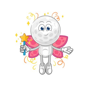 Kanatları ve sopası olan golf topu perisi. karikatür maskotu vektosu