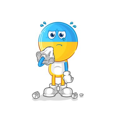 Ukrayna bayrağı başı peçeteyle ağlıyor. karikatür maskotu vektosu