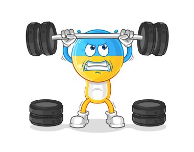 Ukrayna bayrağı kafalı halter karakterini kaldırıyor. karikatür maskotu vektosu