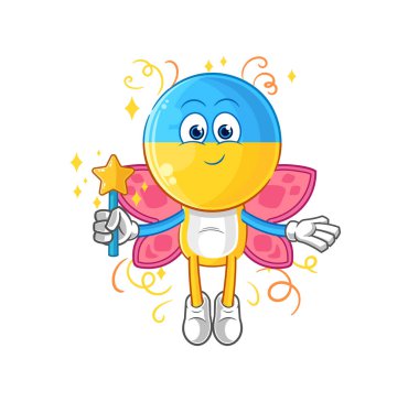 Kanatlı ve sopalı Ukrayna bayrağı perisi. karikatür maskotu vektosu