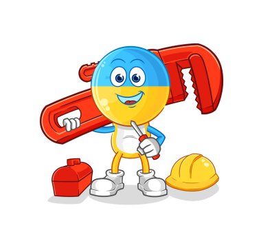 Ukrayna bayrağı kafalı tesisatçı çizgi filmi. karikatür maskotu vektosu