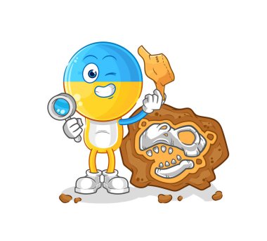 Fosil maskotlu Ukrayna bayrağı baş arkeologları. çizgi film vektosu