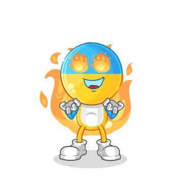 Ukrayna bayrağının başında yangın maskotu. çizgi film vektosu