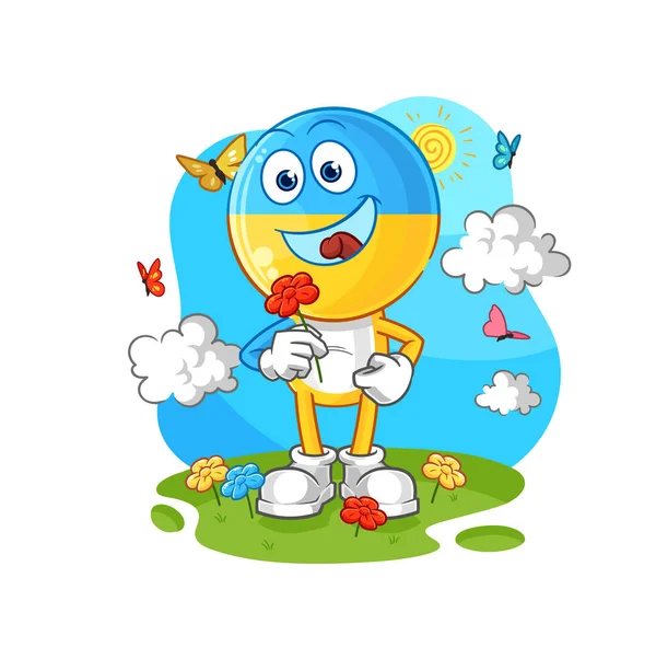 Ukrayna bayrağı ilkbaharda çiçek toplar. karakter vektosu