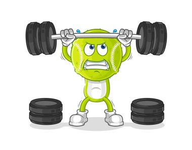 Tenis topu halterciyi kaldırıyor. karikatür maskotu vektosu