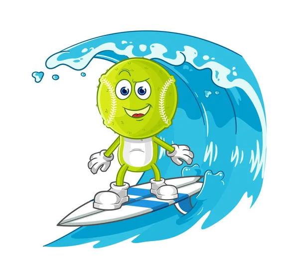 Tennis Ball Surfing Character Cartoon Mascot Vecto — Vetor de Stock