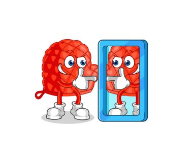 Yemek eldiveni ayna karikatürüne bakıyor. karikatür maskotu vektosu