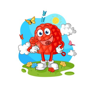 Yemek eldiveni baharda çiçek toplar. karakter vektosu