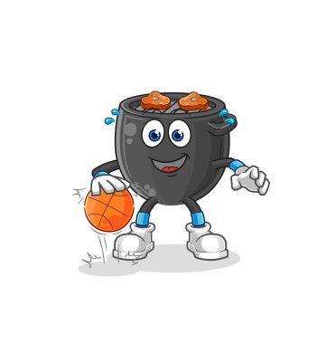 Barbekü topu süren basketbol karakteri. çizgi film maskotu vektörü