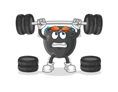 Halterciyi kaldıran barbekü. çizgi film maskotu vektörü