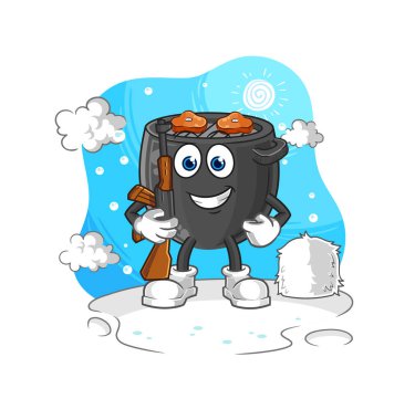 Kışın barbekü yapan asker. karakter maskotu vektörü