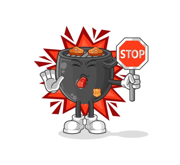 Barbecue Holding Stop Sign Cartoon Mascot Vector — ストックベクタ