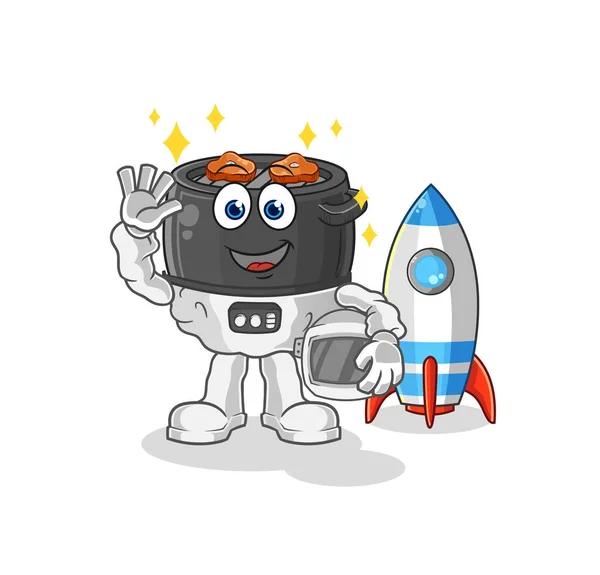 Barbecue Astronaut Waving Character Cartoon Mascot Vector — Stock Vector