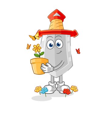 Çiçek saksısı olan kılıç. karakter vektosu