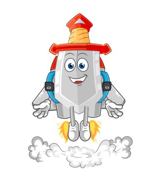 Sırt roketi maskotlu kılıç. çizgi film vektosu