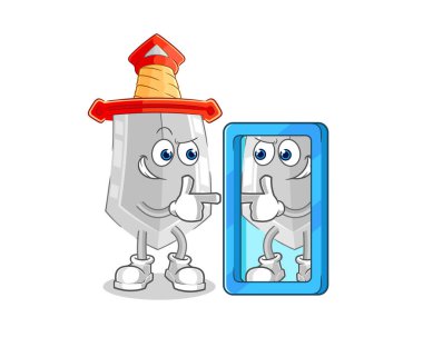 Kılıç ayna karikatürüne bakıyor. karikatür maskotu vektosu