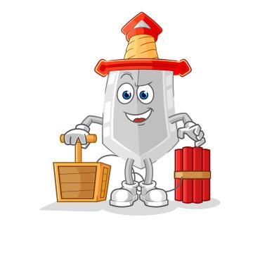 Elinde dinamit fünyesi olan kılıç. karikatür maskotu vektosu