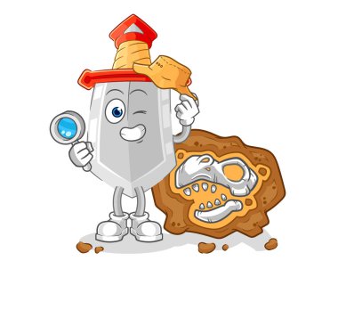 Fosil maskotlu kılıç arkeologları. çizgi film vektosu