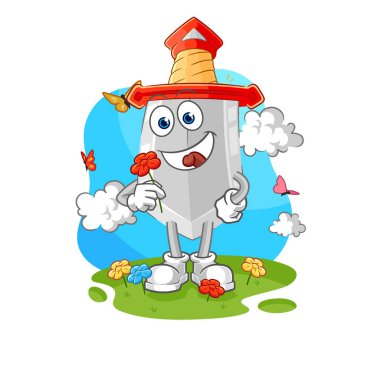 Kılıç baharda çiçek toplar. karakter vektosu