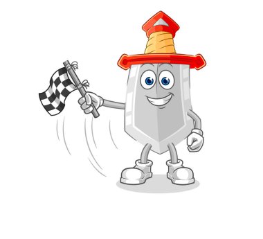 Kılıç tutuşu bitiş bayrağı. karikatür maskotu vektosu