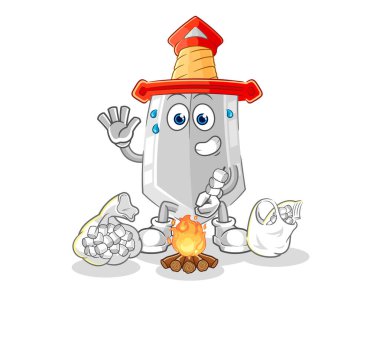 Marşmelov kızartan kılıç. karikatür maskotu vektosu