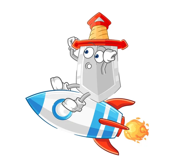 Sword Ride Rocket Cartoon Mascot Vecto — Διανυσματικό Αρχείο