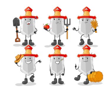 Kılıç çiftçisi grup karakteri. karikatür maskotu vektosu