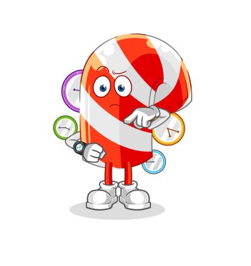 Kol saati çizgi filmi olan baston şeker. karikatür maskotu vektosu