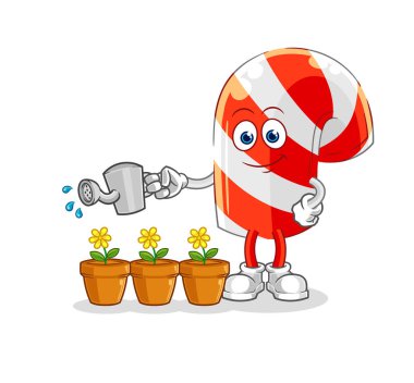 Çiçek maskotunu sulayan şeker kamışı. çizgi film vektosu