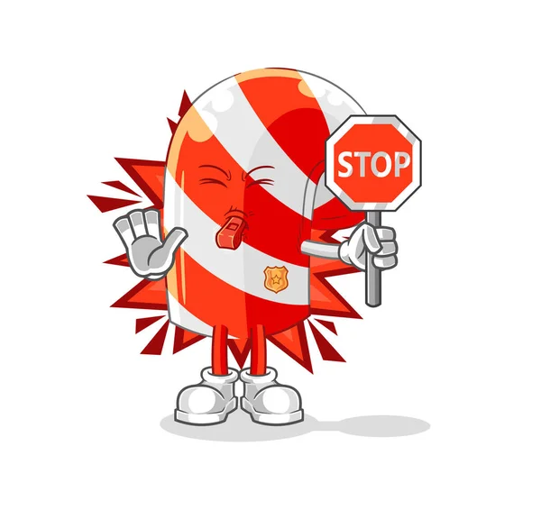 Candy Cane Holding Stop Sign Cartoon Mascot Vecto — ストックベクタ