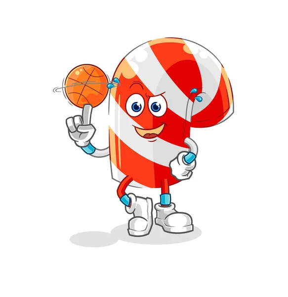 Candy Cane Playing Basket Ball Mascot Cartoon Vecto — Διανυσματικό Αρχείο