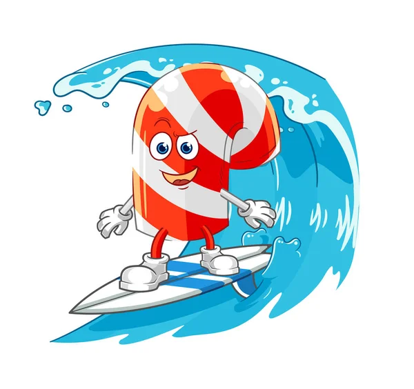 Candy Cane Surfing Character Cartoon Mascot Vecto — Vetor de Stock