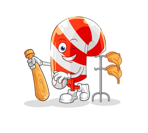 Candy Cane Playing Baseball Mascot Cartoon Vecto — Stockvektor