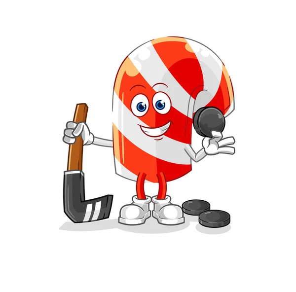 Candy Cane Playing Hockey Vector Cartoon Characte — Stockvektor