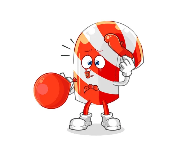 Candy Cane Pantomime Blowing Balloon Cartoon Mascot Vecto — Stok Vektör