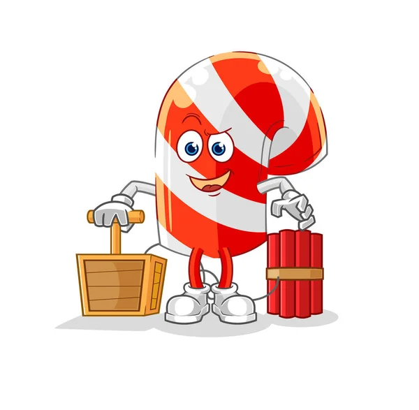 Candy Cane Holding Dynamite Detonator Cartoon Mascot Vecto — Stock Vector