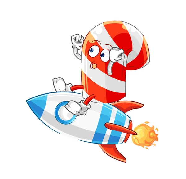 Candy Cane Ride Rocket Cartoon Mascot Vecto — Stockvector