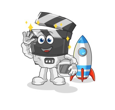 Clapboard astronotu el sallıyor. karikatür maskotu vektosu