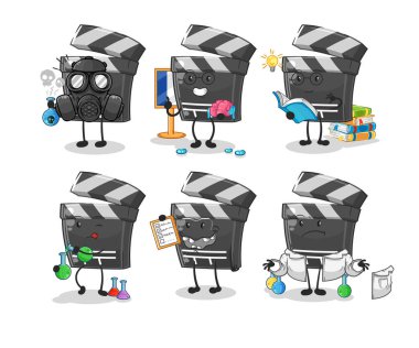 Clapboard bilim adamı grup karakteri. karikatür maskotu vektosu