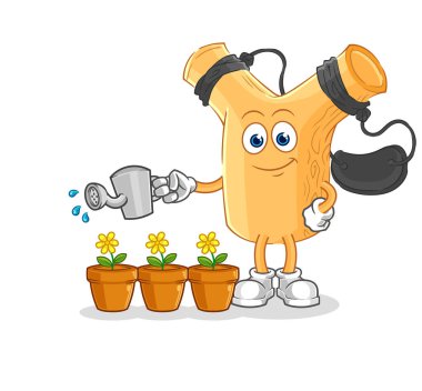 Çiçek maskotunu sulayan sapan. çizgi film vektosu